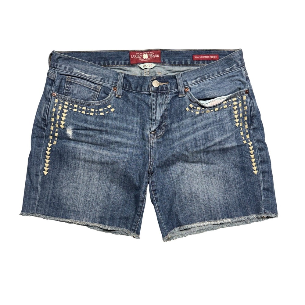 Lucky Brand Beachcomber Denim Shorts Blue Embroidered Raw Hem Size 10/30